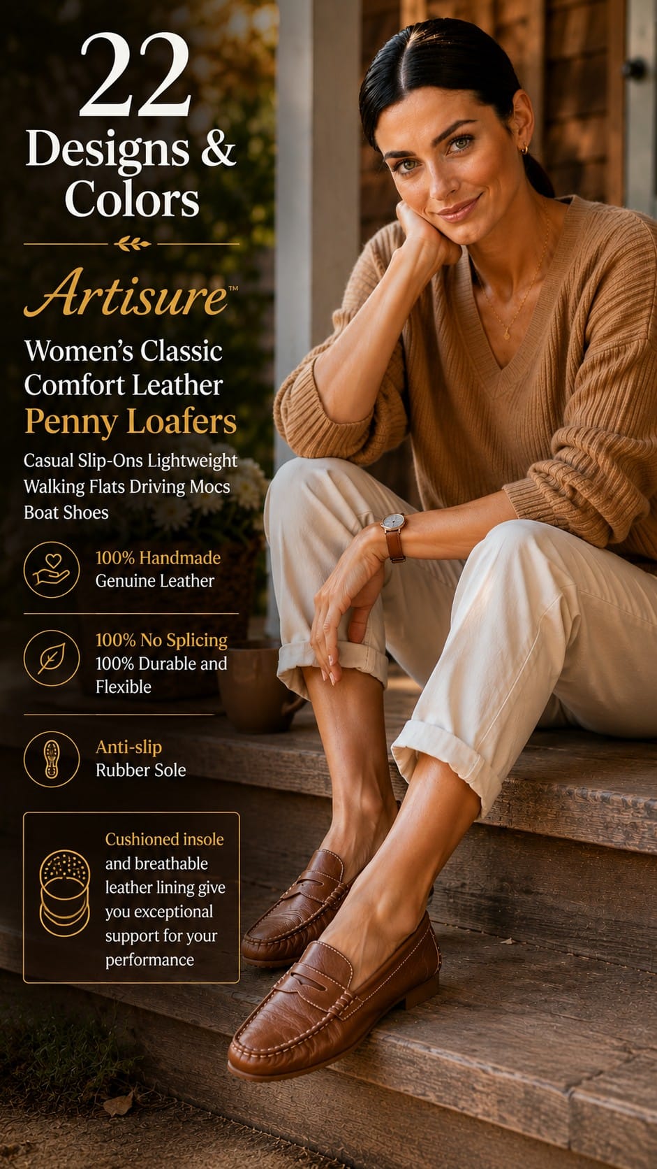 Artisure Women's Classic Handsewn Leather Penny Loafers Artisure women's classic handsewn genuine leather penny loafers with contrast stitching and slip-on design