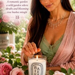Diptyque Baies scented candle in its signature art deco glass vessel with oval label, lit on a styled surface