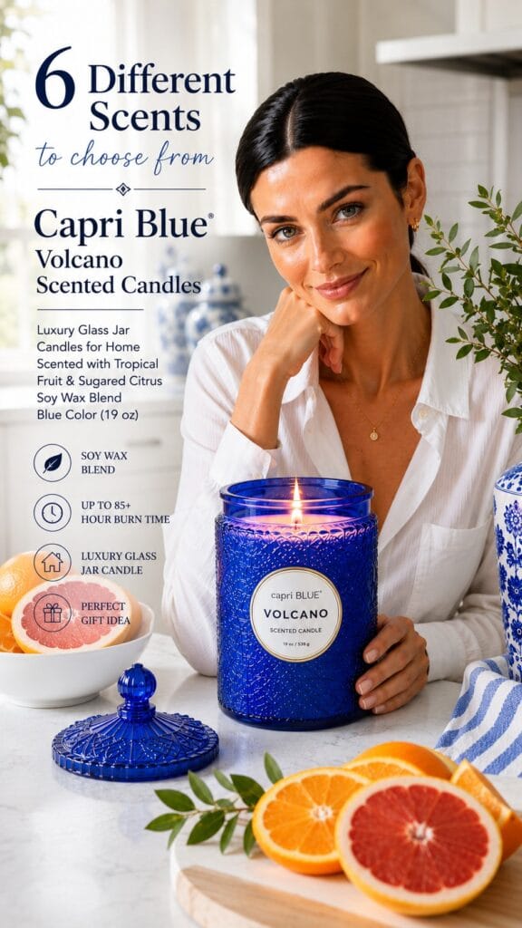 The Capri Blue Volcano: The Candle You've Already Smelled a Hundred Times Lit Capri Blue Volcano candle in a pressed cobalt-blue glass jar on a white kitchen counter with citrus