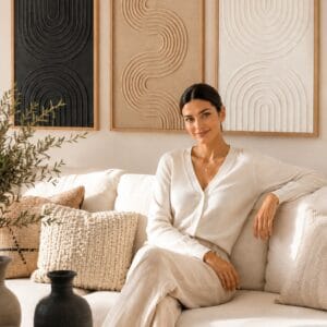 Cuspin set of 3 framed black and white abstract geometric canvas prints displayed above a living room sofa