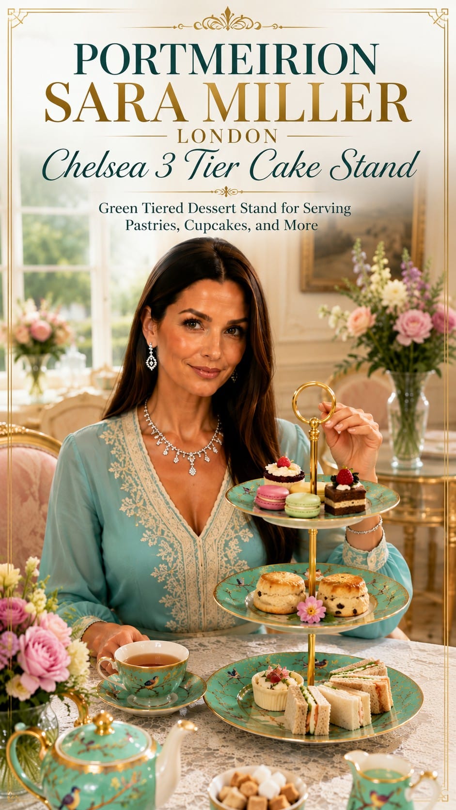 Portmeirion Botanic Garden 3-Tier Cake Stand Portmeirion Botanic Garden 3-tier cake stand with floral plates and green leaf border, styled with cakes and pastries for afternoon tea
