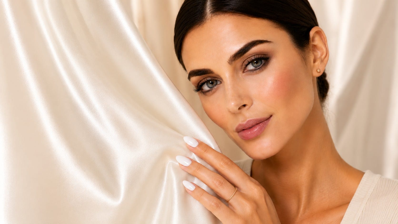 BTArtbox Cream Puff short almond press-on nails in a classic white French tip on a nude bed