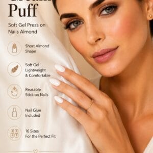 BTArtbox Cream Puff short almond press-on nails in a clean classic white soft gel finish