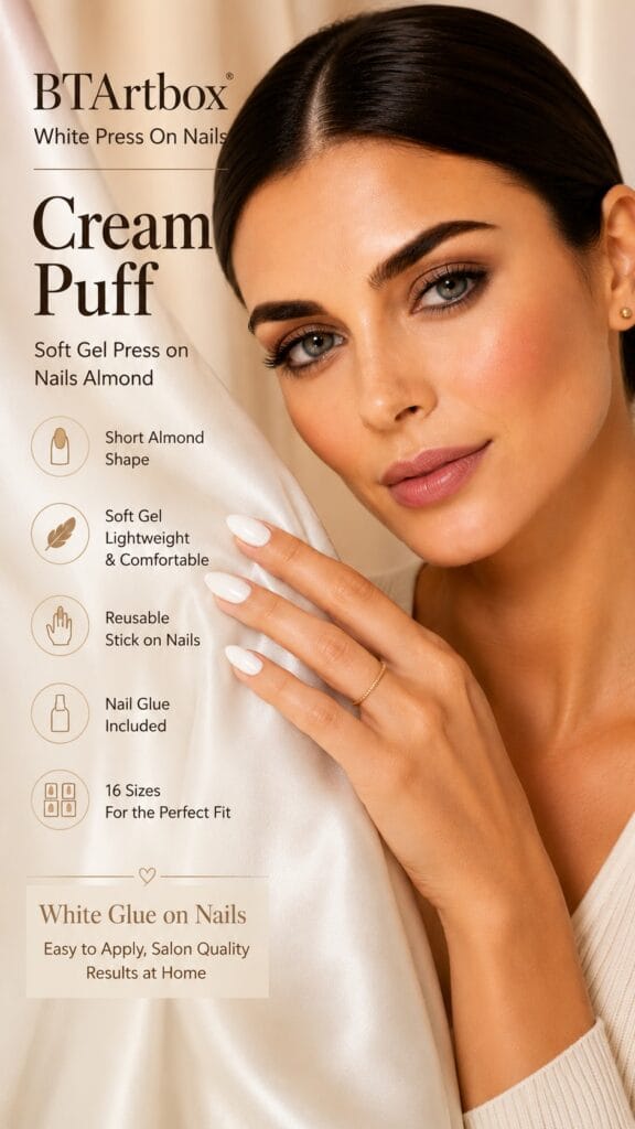 BTArtbox Cream Puff short almond press-on nails in a clean classic white soft gel finish