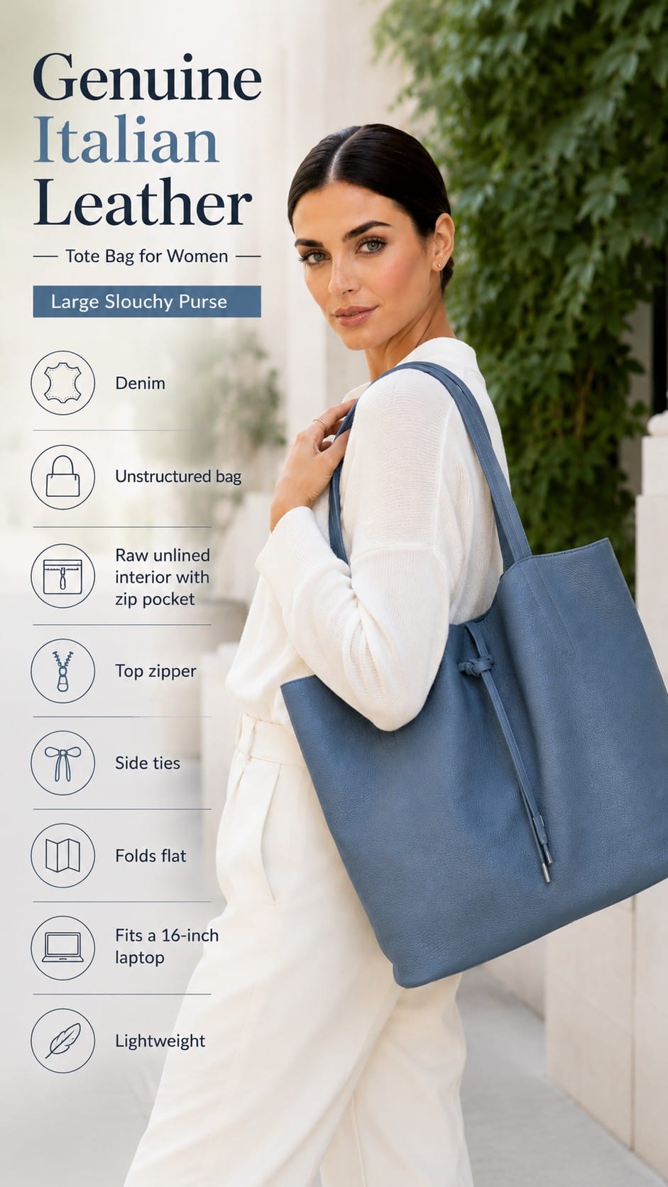 TAKEASY Genuine Soft Italian Leather Tote Bag TAKEASY large soft Italian leather tote bag for women with a top zipper, carried on the shoulder
