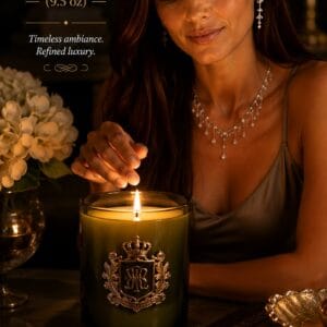 Cire Trudon Ernesto Classic scented candle in a hand-blown green glass vessel with gold crest, lit on a wood surface