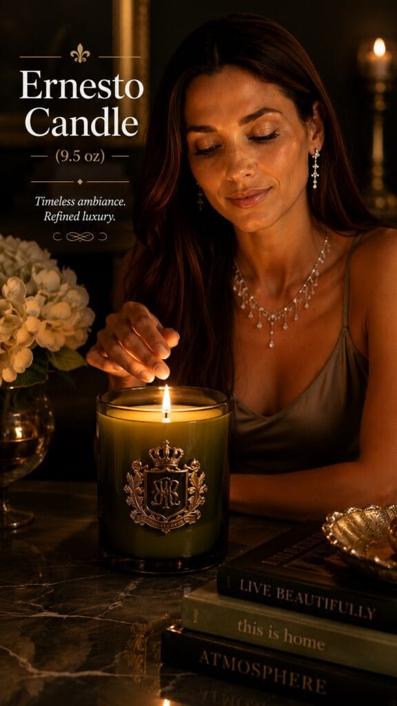 The Cire Trudon Ernesto: A Candle from the House That Lit Versailles Cire Trudon Ernesto Classic scented candle in a hand-blown green glass vessel with gold crest, lit on a wood surface