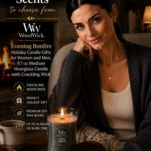 WoodWick Evening Bonfire hourglass candle with a wooden lid and crackling wood wick lit on a shelf