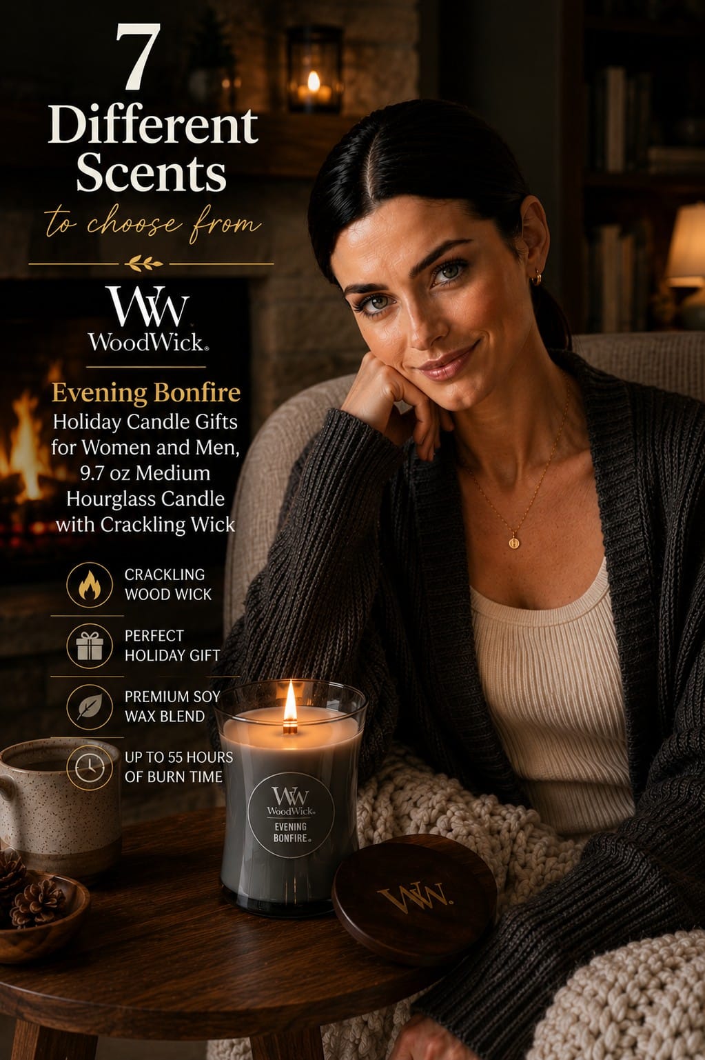 WoodWick Evening Bonfire Medium Hourglass Candle, 9.7 oz WoodWick Evening Bonfire hourglass candle with a wooden lid and crackling wood wick lit on a shelf