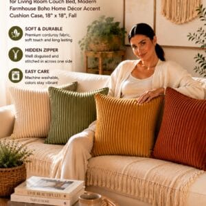 Fancy Homi set of 4 soft striped corduroy throw pillow covers layered on a couch in a boho farmhouse living room