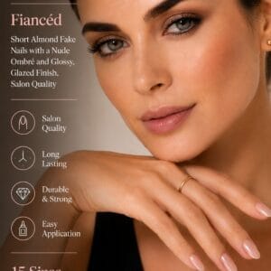 Glamnetic Fiancéd short almond press-on nails in a nude-to-white ombré French tip with a glossy glazed finish
