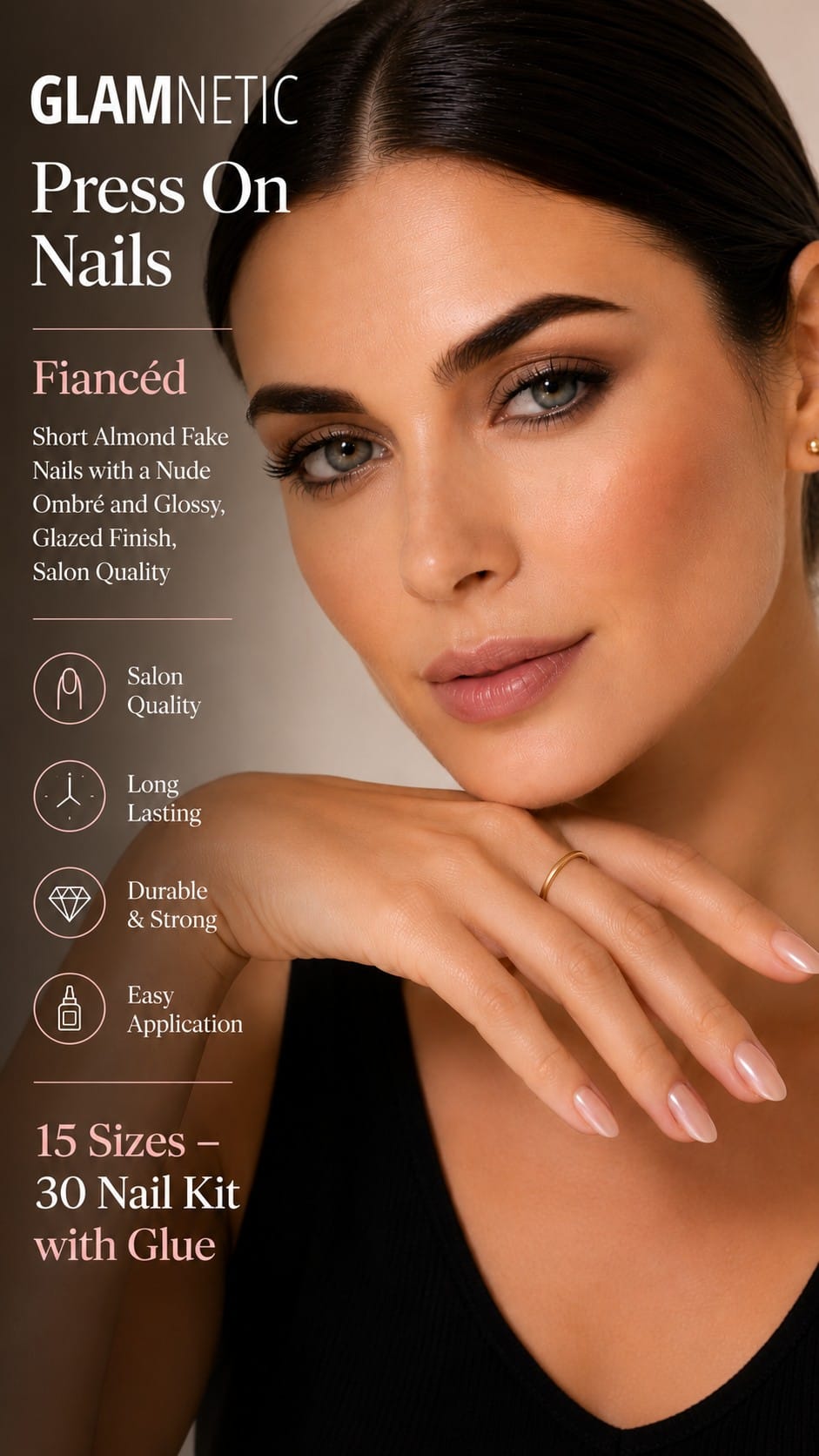Glamnetic Fiancéd Ombré French Press-On Nails Glamnetic Fiancéd short almond press-on nails in a nude-to-white ombré French tip with a glossy glazed finish