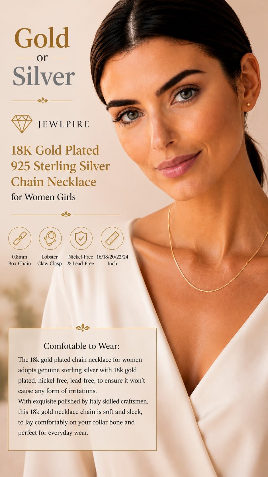 Jewlpire 18K Gold Plated 0.8mm Box Chain Necklace Jewlpire 18K gold plated 0.8mm box chain necklace lying flat, a thin dainty gold chain for women