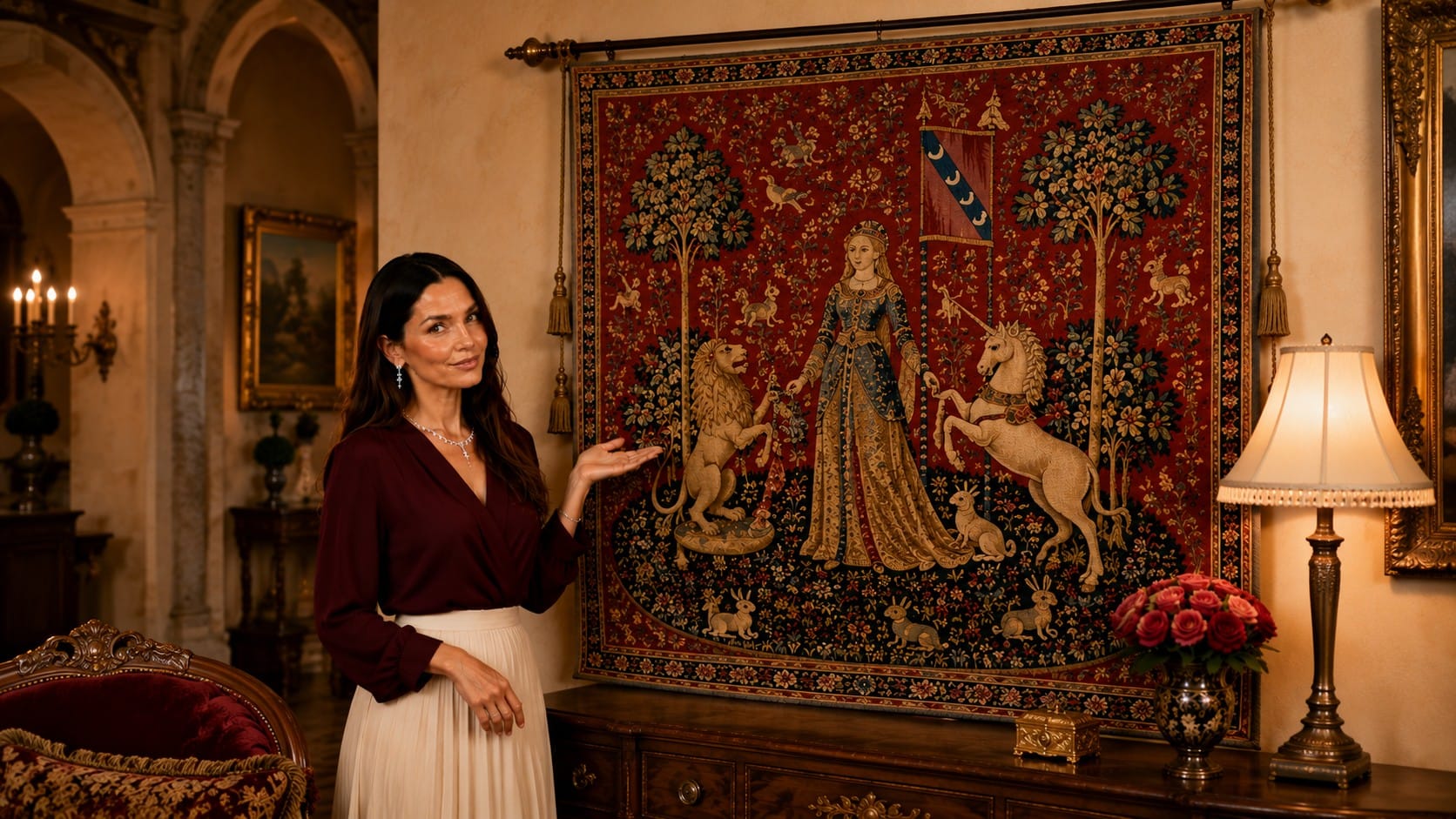 The Lady and the Unicorn Belgian Tapestry: A Museum Masterpiece, Woven for Your Wall Lady and the Unicorn Series II Belgian tapestry wall hanging in rich medieval reds and golds in an elegant estate room