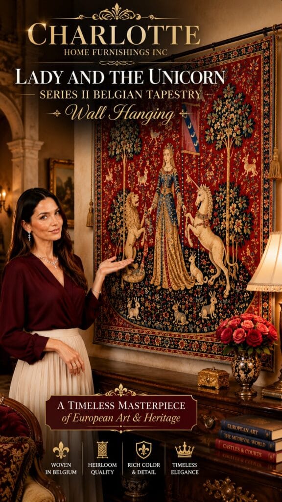The Lady and the Unicorn Belgian Tapestry: A Museum Masterpiece, Woven for Your Wall Lady and the Unicorn Series II Belgian tapestry wall hanging in rich medieval reds and golds in an elegant estate room