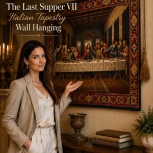 The Last Supper VII Italian jacquard woven tapestry reproducing Leonardo da Vinci's mural, hung on a wall above a dining area
