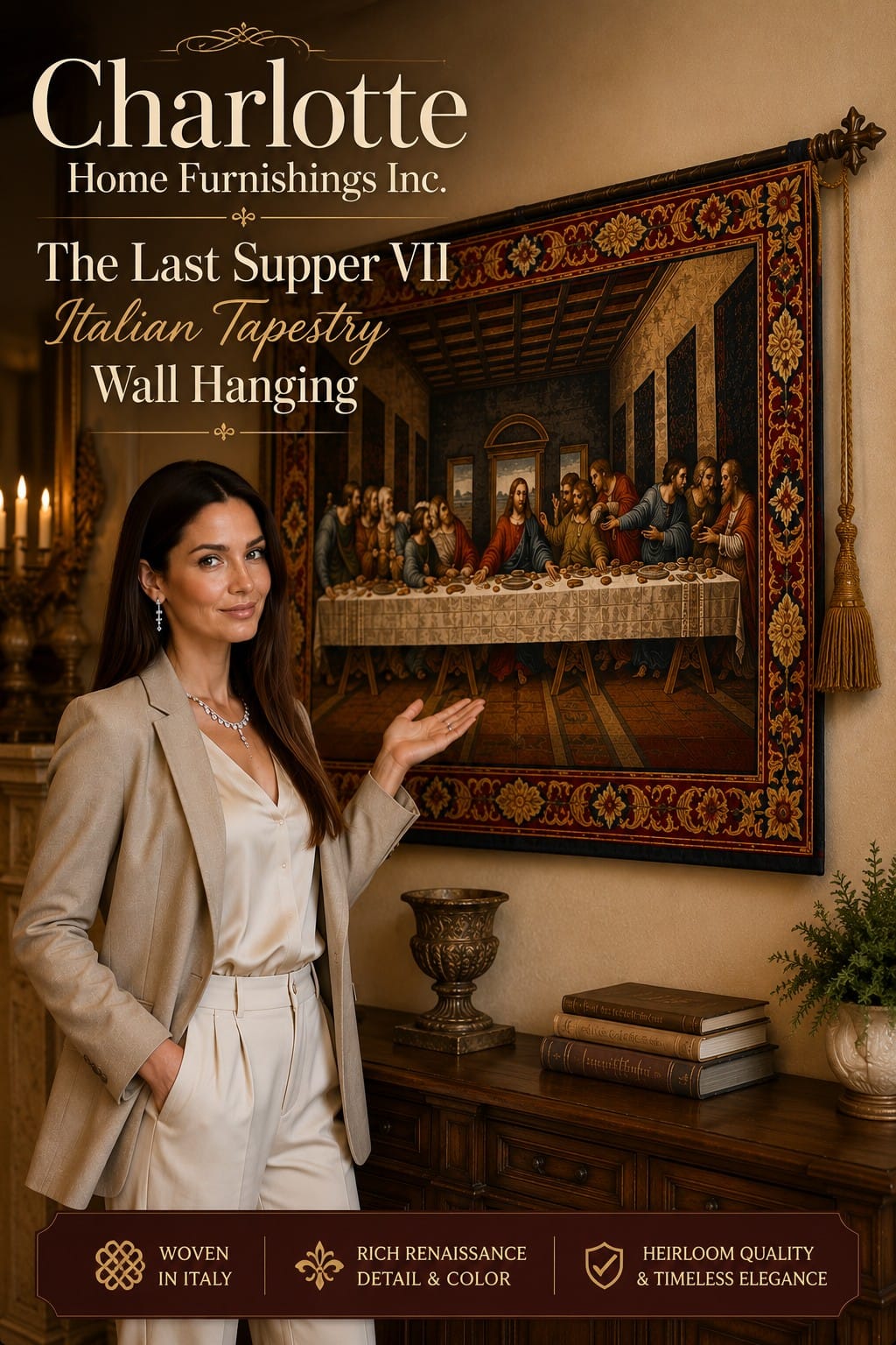 The Last Supper VII Italian Tapestry Wall Hanging by Da Vinci The Last Supper VII Italian jacquard woven tapestry reproducing Leonardo da Vinci's mural, hung on a wall above a dining area