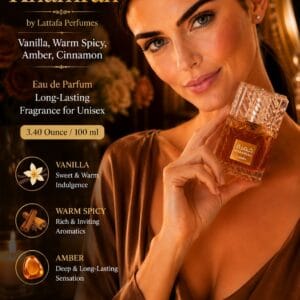 Lattafa Khamrah eau de parfum in a faceted crystal-style bottle on a vanity