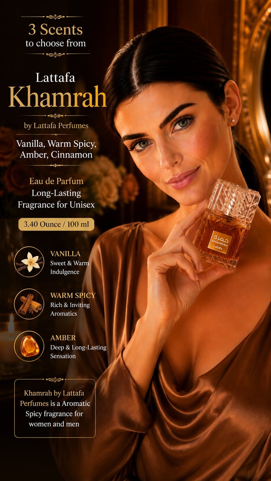 Lattafa Khamrah Eau de Parfum, Unisex, 3.4 oz Lattafa Khamrah eau de parfum in a faceted crystal-style bottle on a vanity