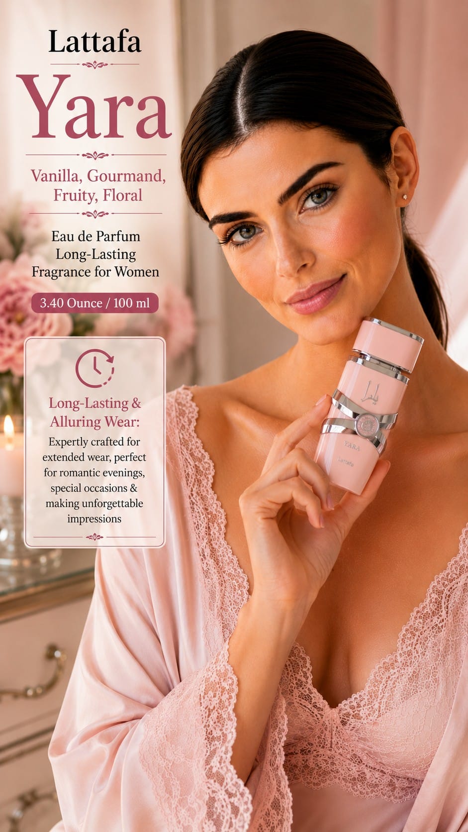 Lattafa Yara Eau de Parfum for Women — 3.4 oz Lattafa Yara eau de parfum for women, 3.4 oz. A sweet amber-vanilla gourmand with orchid, tropical fruits, and sandalwood. Long-lasting and affordable.