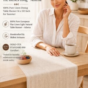Solino Home Athena light natural linen table runner running the length of a large set dining table