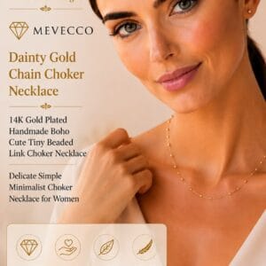 MEVECCO dainty 18K gold plated beaded satellite chain choker necklace worn high on the neck