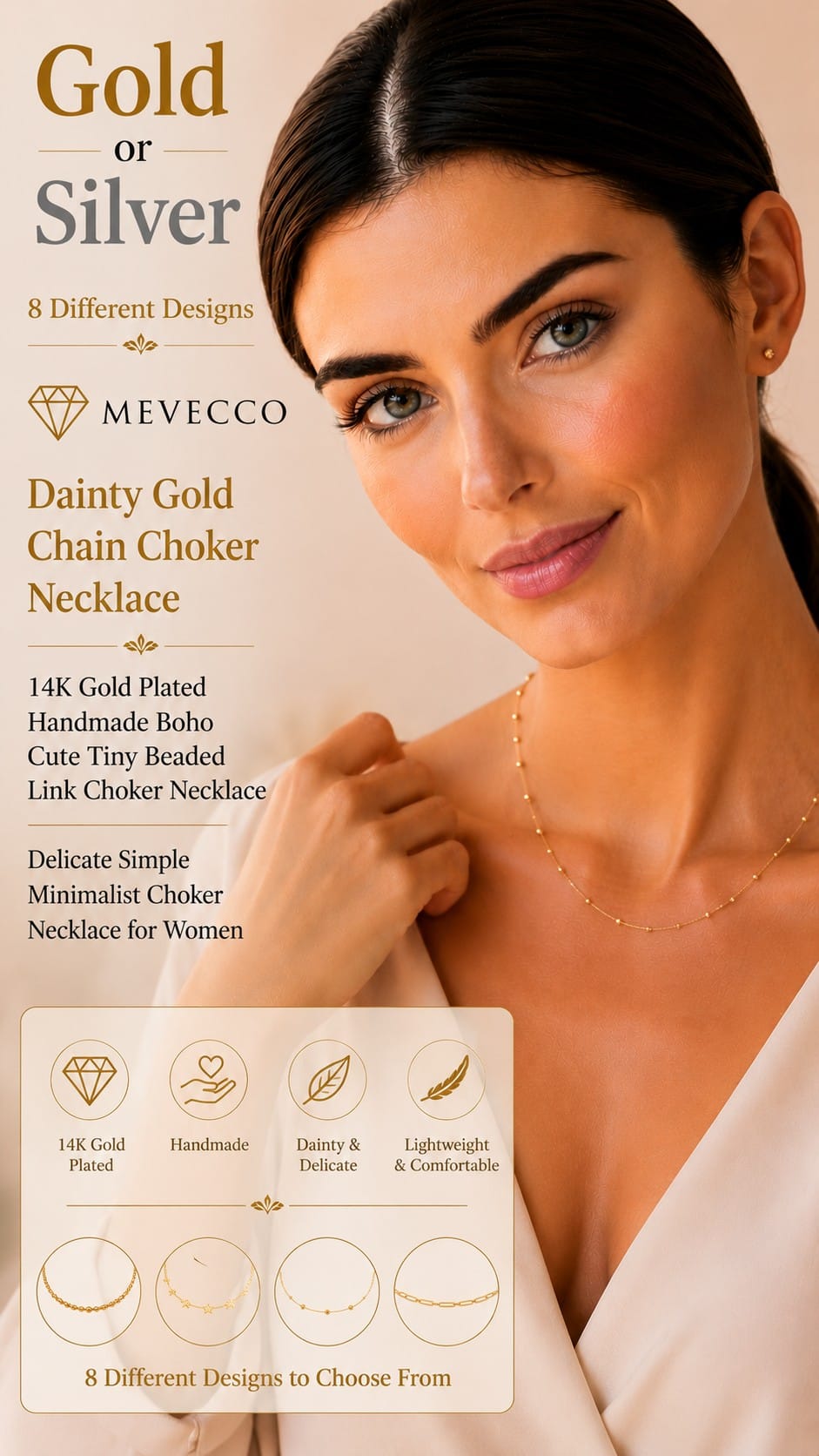 MEVECCO Dainty Gold Beaded Link Choker Necklace MEVECCO dainty 18K gold plated beaded satellite chain choker necklace worn high on the neck