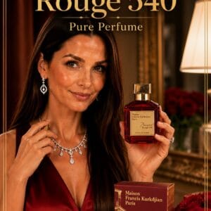 Maison Francis Kurkdjian Baccarat Rouge 540 Eau de Parfum in its signature red bottle on a vanity