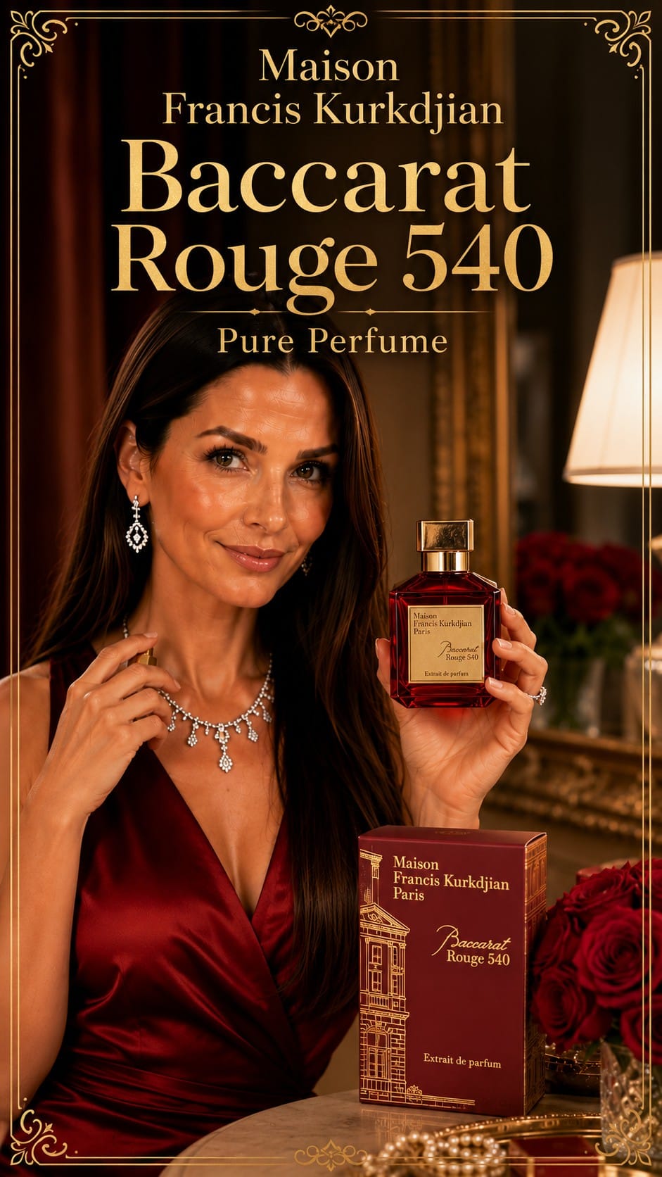 Maison Francis Kurkdjian Baccarat Rouge 540 Eau de Parfum Maison Francis Kurkdjian Baccarat Rouge 540 Eau de Parfum in its signature red bottle on a vanity