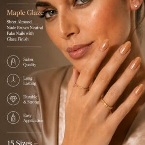Glamnetic Maple Glaze short almond press-on nails in a warm nude brown with a glossy glazed finish