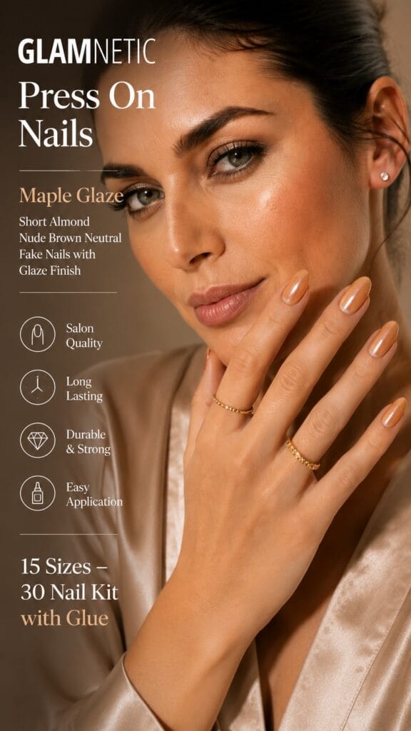 Glamnetic Maple Glaze Review: The Quiet-Luxury Manicure You Can Do at Your Kitchen Table Glamnetic Maple Glaze short almond press-on nails in a warm nude brown with a glossy glazed finish
