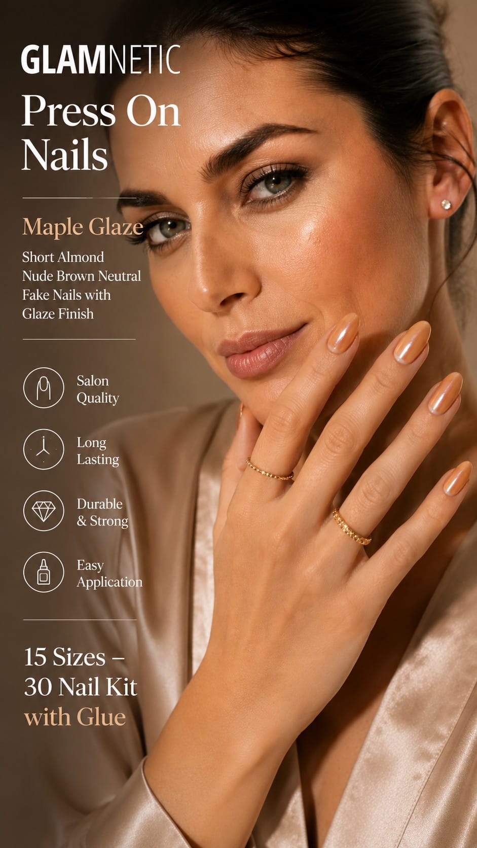Glamnetic Maple Glaze Nude Brown Press-On Nails Glamnetic Maple Glaze short almond press-on nails in a warm nude brown with a glossy glazed finish