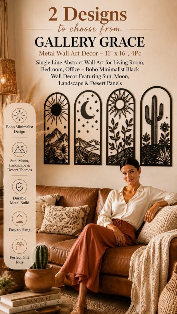 Gallery Grace black metal wall art, a 4-piece boho line set of sun, moon, landscape and desert panels above a leather sofa