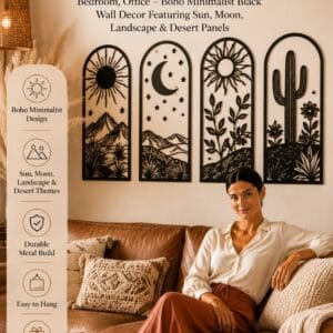 GALLERY GRACE set of 4 matte black single-line metal wall art panels with sun, moon, landscape, and desert designs
