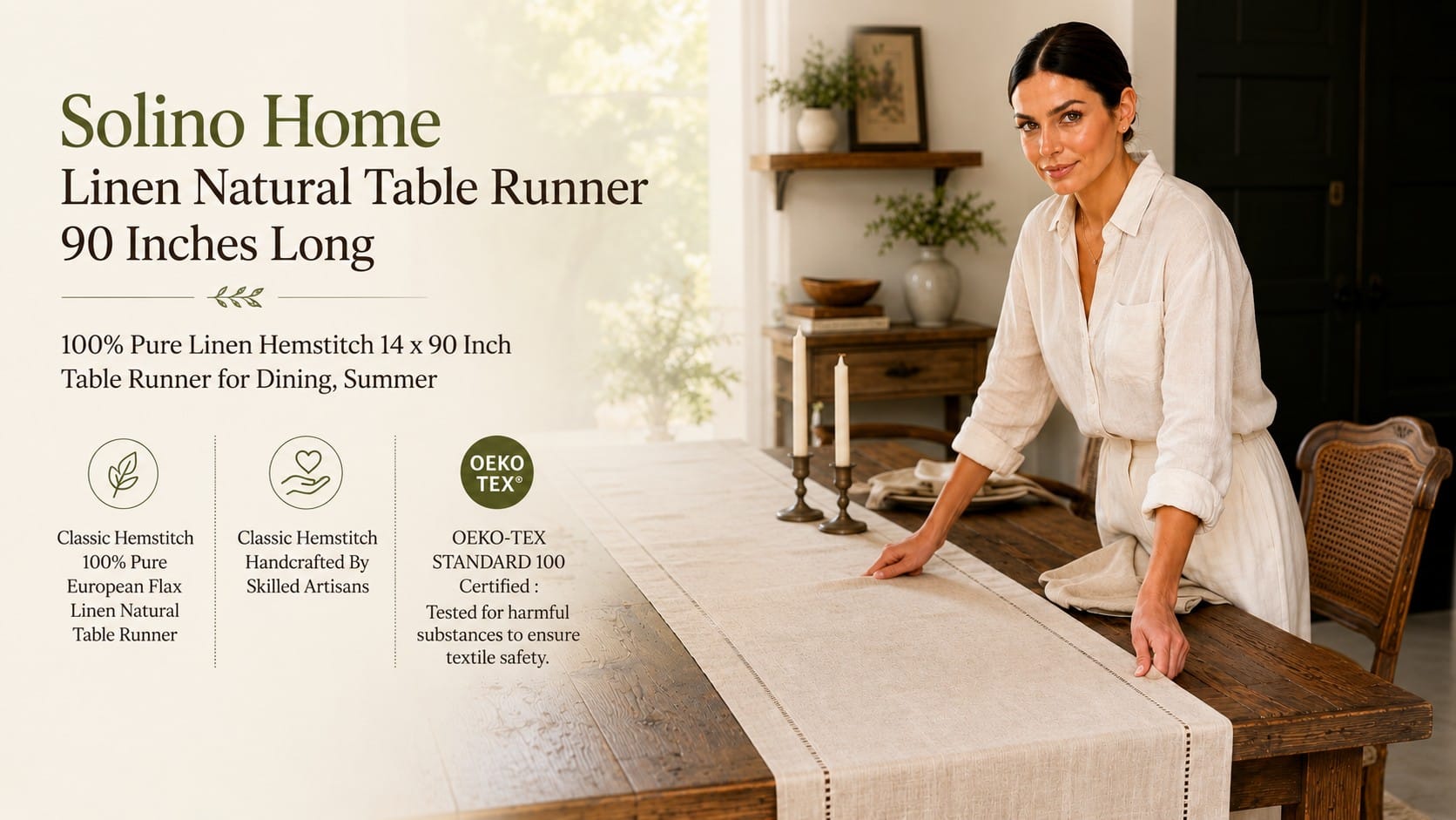 A collection of pure linen table runners in natural, oatmeal and ivory draped on wooden dining tables