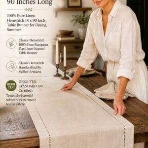Solino Home natural linen table runner with a classic hemstitch border styled down a set dining table