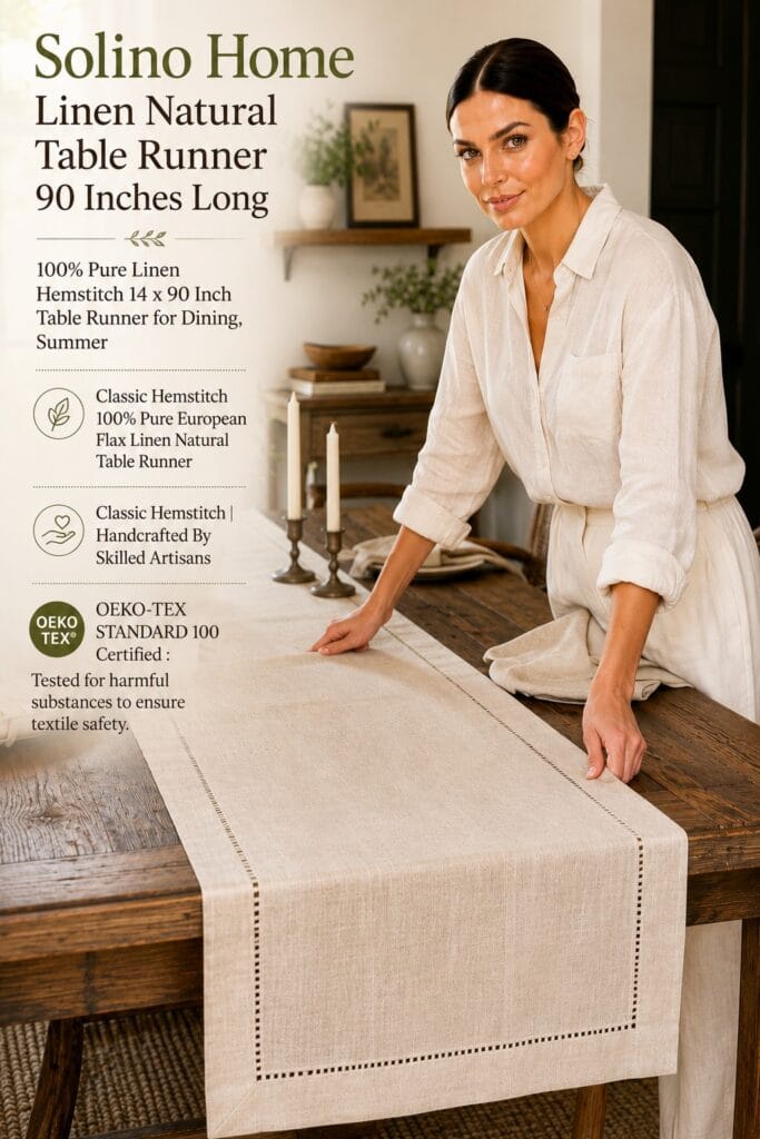 The Solino Home Linen Runner: The Quiet-Luxury Rule, Applied to Your Table Solino Home natural linen table runner with a classic hemstitch border styled down a set dining table