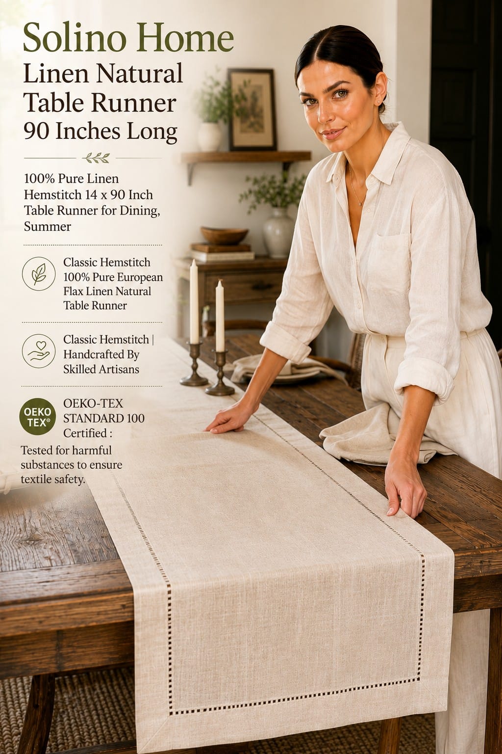 Solino Home Classic Hemstitch Linen Table Runner, Natural Solino Home natural linen table runner with a classic hemstitch border styled down a set dining table