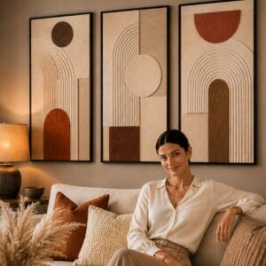 Set of 3 framed 3D textured sandstone abstract wall art panels in neutral brown and beige tones above a console