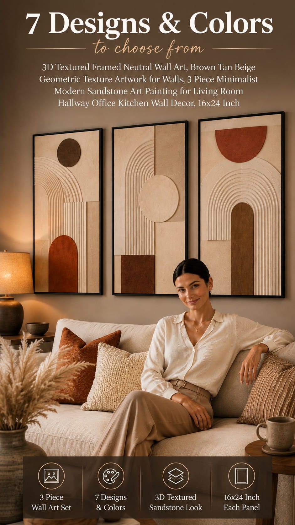 3D Textured Sandstone Abstract Wall Art, Set of 3 Set of 3 framed 3D textured sandstone abstract wall art panels in neutral brown and beige tones above a console