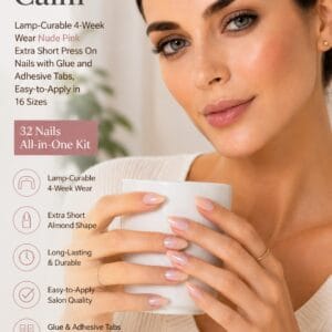 BTArtbox Power Calm extra short almond press-on nails in a soft nude pink soft gel finish