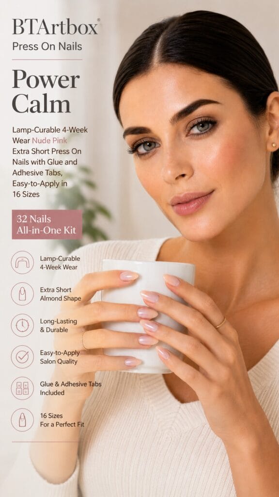 BTArtbox Power Calm Review: The Press-On That Finally Lasts Four Weeks BTArtbox Power Calm extra short almond press-on nails in a soft nude pink soft gel finish