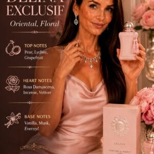 Parfums de Marly Delina Exclusif Eau de Parfum in its signature pink bottle on a vanity