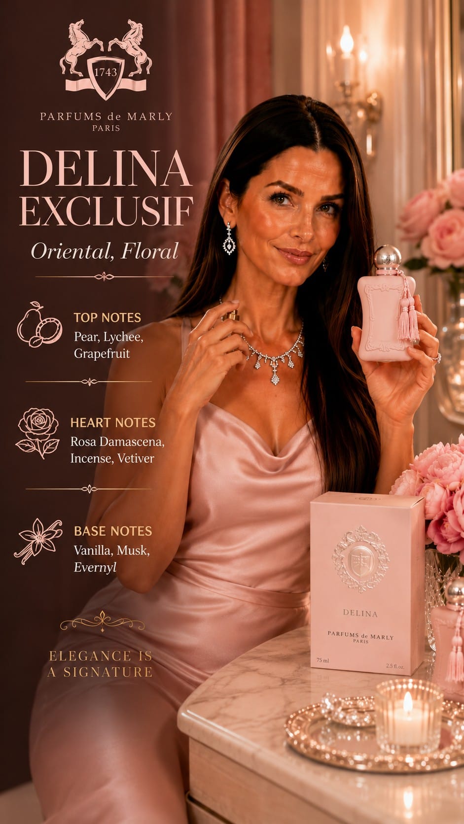Parfums de Marly Delina Exclusif Eau de Parfum Parfums de Marly Delina Exclusif Eau de Parfum in its signature pink bottle on a vanity