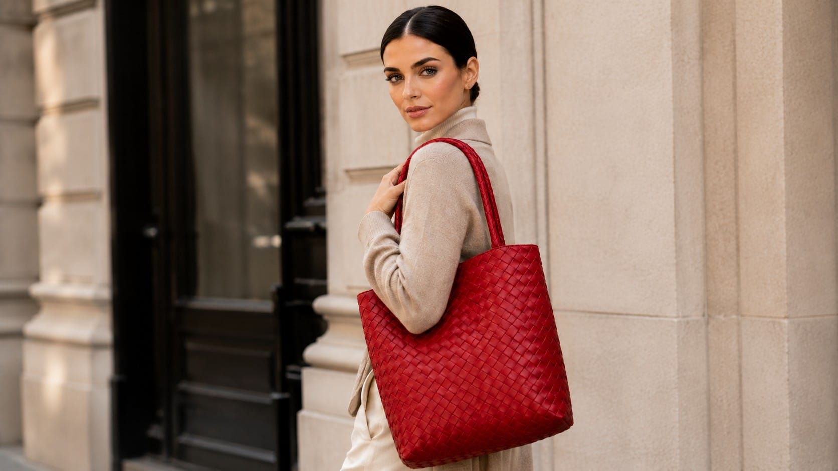 Madewell handwoven leather tote in natural tan, a basketweave leather bag with no visible logo