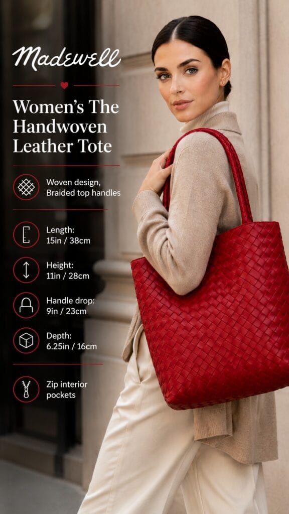 Madewell handwoven leather tote in burnt sienna woven cowhide with braided top handles