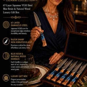 SENKEN Tsunami 8-piece Damascus steak knife set with blue resin and burl wood handles in a luxury gift box
