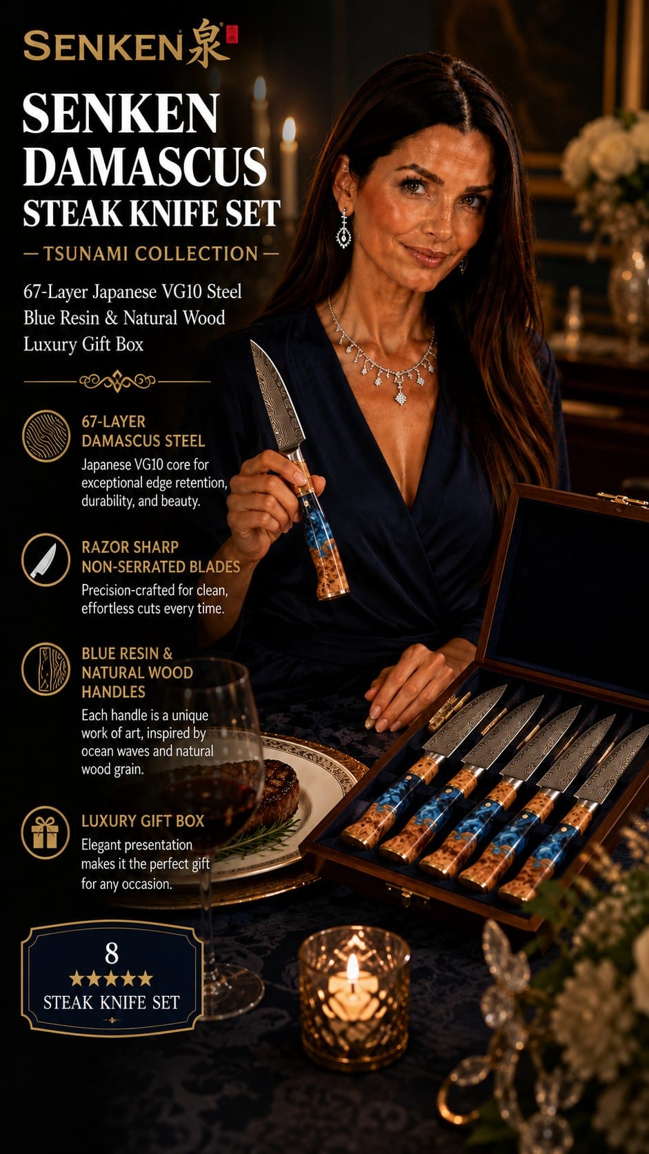 SENKEN Tsunami Damascus Steak Knife Set 8-Piece SENKEN Tsunami 8-piece Damascus steak knife set with blue resin and burl wood handles in a luxury gift box