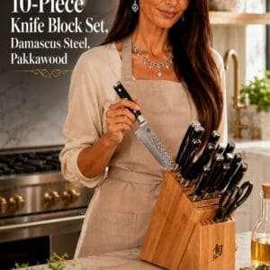 Shun Classic 10-piece knife block set with Damascus-clad blades and Pakkawood handles in a bamboo block on a kitchen counter