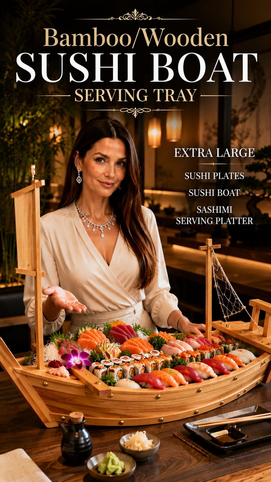 XXL Wooden Boat-Shaped Sushi Serving Tray Oversized wooden boat-shaped sushi serving tray filled with sushi and sashimi as a party centerpiece